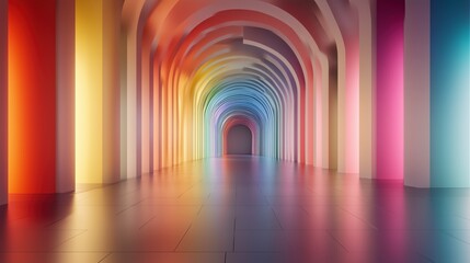 Aufkleber - A long, colorful hallway with a rainbow of colors. The hallway is very long and narrow, with a lot of light reflecting off the walls. The colors are bright and vibrant. AI generated.