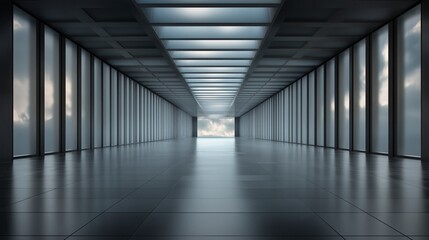 Poster - A large, empty room with a cloudy sky visible through the windows. The room is mostly empty, with only a few people visible in the distance. Scene is somewhat somber and quiet. AI generated.