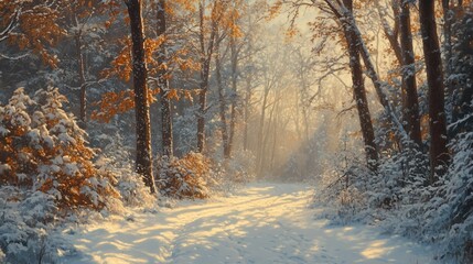 Poster - Snowy forest path, winter sunrise, tranquil scene, nature background, idyllic landscape