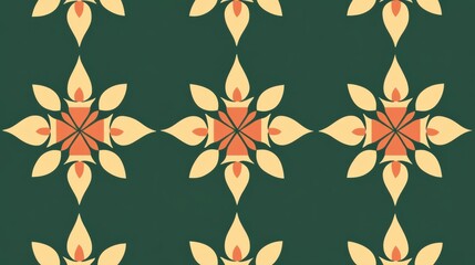 Poster - Colorful geometric pattern featuring floral designs and warm tones on a deep green background. Generative AI