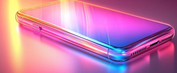 Poster - Vibrant pink and blue smartphone on reflective surface.