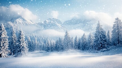 Wall Mural - Snowy mountain forest winter wonderland; postcard