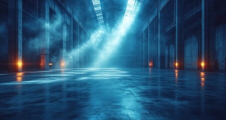 Aufkleber - Industrial Warehouse Dimly Lit Cool Blue Light Glossy Concrete Floor Dramatic Shadows Minimalist High Contrast