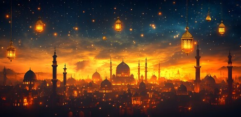 Canvas Print - Illuminated Cityscape at Sunset with Hanging Lanterns