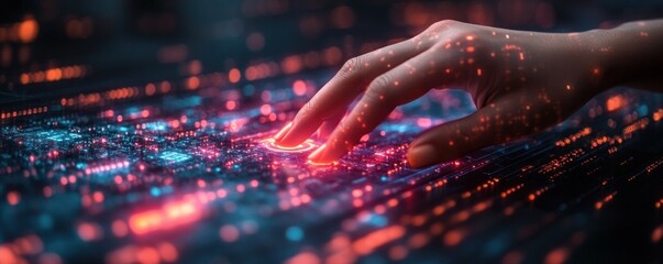 Aufkleber - Futuristic Technology Interaction Cyberpunk Digital Landscape with Holographic Data and AI Big Data Analytics