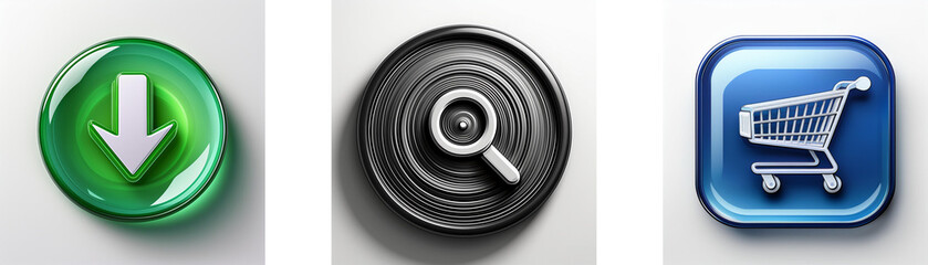 Aufkleber - Three glossy buttons depict download, search, and online shopping.  Each button features a distinct icon and color scheme.