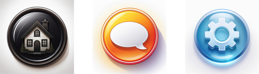 Poster - Three glossy circular icons: home, speech bubble, gear.  Representing key app functions.