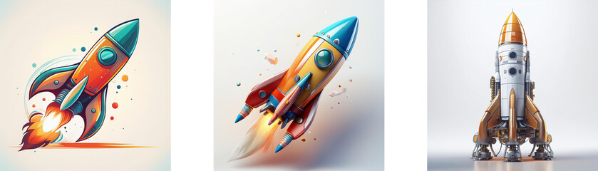 Poster - Three rockets, colorful and sleek, soar through space, representing speed, innovation, and ambition.