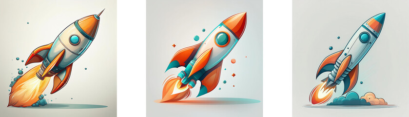 Poster - Three vibrant cartoon rockets launch, leaving fiery trails.  Each rocket displays unique angles and positions during flight.