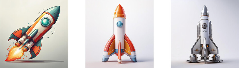 Poster - Three stylized rockets, each with unique design and color scheme,  ready for launch into space.