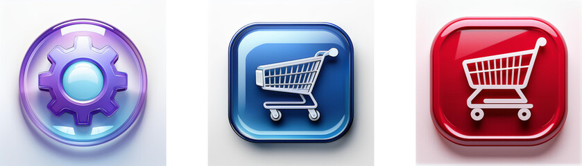 Poster - Three glossy buttons: purple gear, blue shopping cart, red shopping cart.  Settings, online shopping, e-commerce.