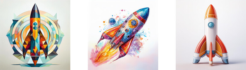 Poster - Three vibrant rocket illustrations, each with unique artistic styles: geometric, watercolor, and realistic.  They symbolize innovation, speed, and exploration.