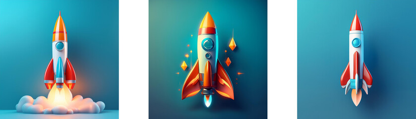 Poster - Three colorful rockets, poised for launch against vibrant blue backgrounds, symbolize innovation, speed, and progress.  One is mid-flight, another is ready to blast off, and the third is in a static p