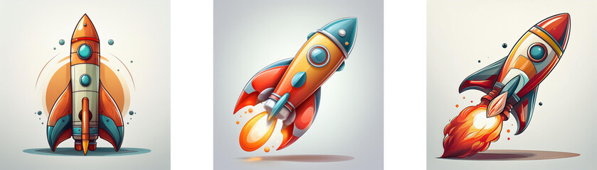 Poster - Three cartoon rockets, one stationary, two in flight, with vibrant colors and fiery trails.  They represent launch, speed, and adventure.