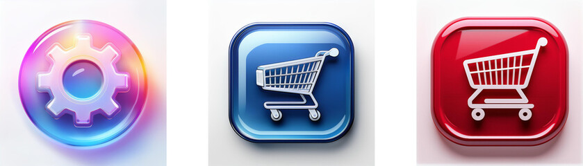 Poster - Three glossy buttons: settings gear, blue shopping cart, and red shopping cart.  Modern app icons.