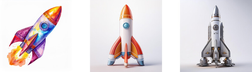 Poster - Three rockets, varying in style and color, represent different design approaches to space travel.  One is cartoonish, another sleek, and the last realistic.
