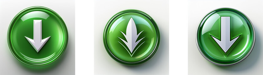 Leinwandbilder - Three glossy green circular buttons feature variations of a downward-pointing arrow, symbolizing download or progress.