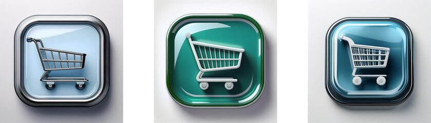 Aufkleber - Three glossy square buttons feature shopping cart icons; light blue, teal, and dark blue.  The carts are simple, metallic grey.