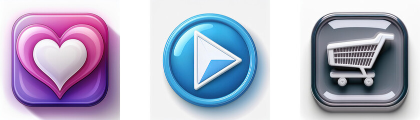 Poster - Three glossy buttons: heart, play, shopping cart.  Simple icons for love, media, and commerce.