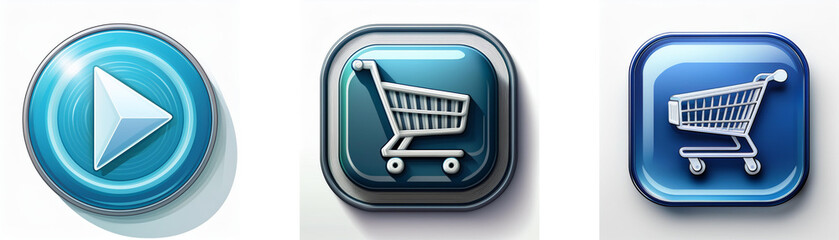 Leinwandbilder - Three glossy buttons: play, shopping cart, shopping cart.  One circular, two square. Blue and teal hues.