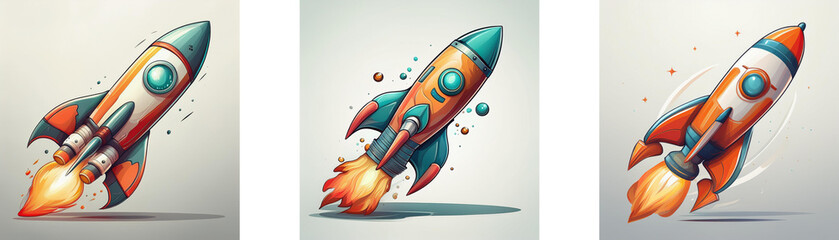 Poster - Three cartoon rockets launching into space, vibrant colors, dynamic poses.