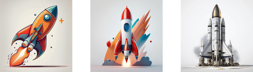 Poster - Three stylized rocket illustrations showcase different launch stages and designs, representing speed, innovation, and exploration.
