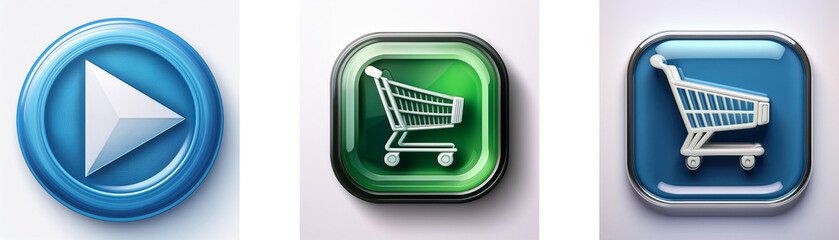 Leinwandbilder - Three glossy buttons: play, shopping cart (green), shopping cart (blue).  Simple, intuitive icons for digital interface.