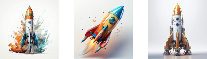 Leinwandbilder - Three vibrant rockets, each with unique design and color scheme, are depicted against a light background. One explodes in a splash of color, one soars dynamically, and another stands poised for launch