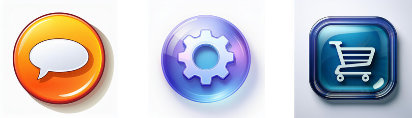 Leinwandbilder - Three glossy buttons depict communication, settings, and shopping.  Each button features a distinct icon for intuitive user interface design.