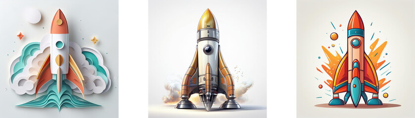 Poster - Three unique rocket illustrations showcase diverse artistic styles.  Each depicts a rocket launch, highlighting creativity and innovation.