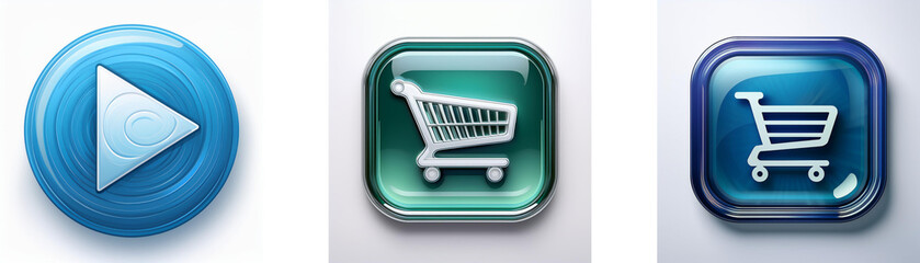 Poster - Three glossy buttons; play, shopping cart, shopping cart.  One is circular, two are square.