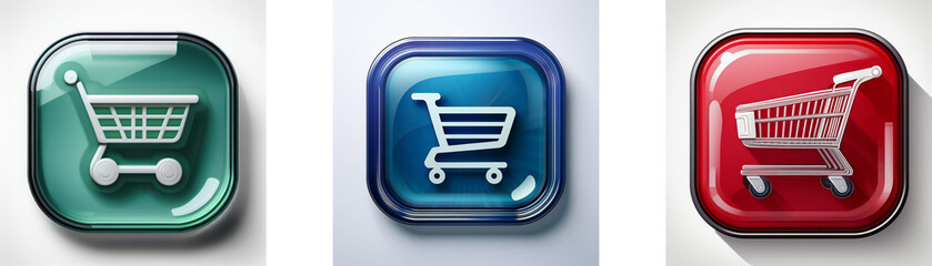 Poster - Three glossy square buttons feature shopping cart icons in teal, blue, and red.  Each button has a shadow.