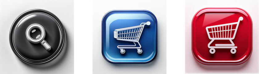 Poster - Three glossy buttons: a search icon, and two shopping cart icons in blue and red.  Online shopping, e-commerce, search engine, digital marketing, website design.
