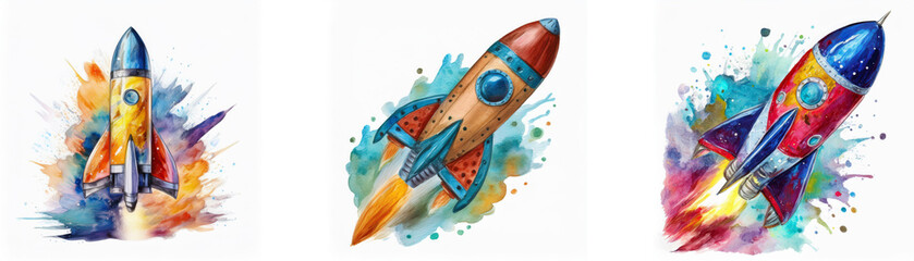 Poster - Three colorful rockets launching amidst vibrant watercolor splashes, symbolizing progress and innovation.