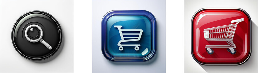 Aufkleber - Three glossy buttons: search, shopping cart, and shopping cart.  Online store interface elements.