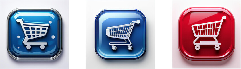 Poster - Three glossy square buttons display shopping cart icons; blue, blue, and red.  A simple, clean design perfect for online stores.