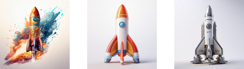 Poster - Three rocket illustrations: one vibrant, colorful, and dynamic; another minimalist and simple; the last realistic and detailed.  They represent different styles of space exploration.