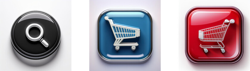 Aufkleber - Three glossy buttons: a search magnifier, a blue shopping cart, and a red shopping cart.  Online shopping and search icons.