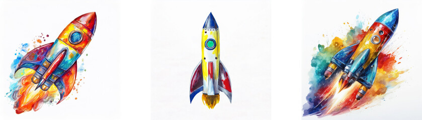 Poster - Three colorful rockets soaring through vibrant watercolor splashes, symbolizing speed, innovation, and dreams.
