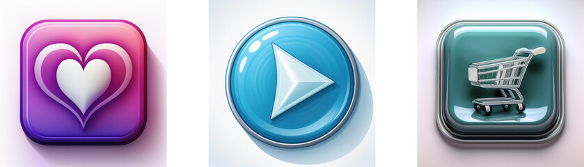 Leinwandbilder - Three glossy buttons: heart, play, shopping cart.  Simple icons for app or website.