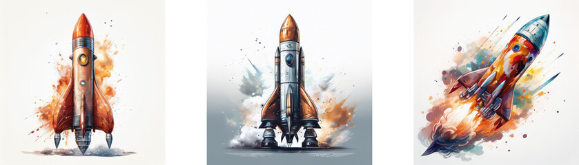 Poster - Three rockets launching, depicted in watercolor style with vibrant colors and dynamic motion.  Each rocket displays unique design elements, capturing the excitement of space travel.