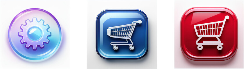 Poster - Three glossy buttons; one shows a gear, one a shopping cart on blue, and one a shopping cart on red.  Represents settings, online shopping, and commerce.