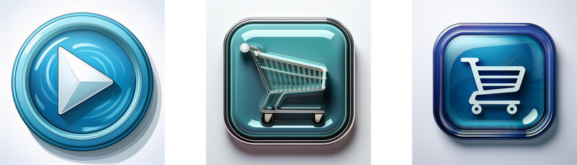 Aufkleber - Three glossy buttons; one shows a play symbol, the others depict shopping carts.  Modern, clean design.