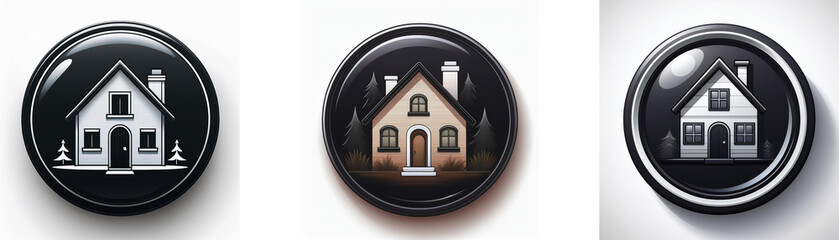 Poster - Three glossy round buttons feature a house icon; one button is black and white, one is beige and black, and the third is a darker shade of gray and black.  The house is simple, with a chimney and smal