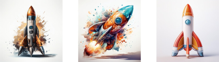 Poster - Three vibrant rockets, each with unique design and artistic style, symbolize innovation, speed, and exploration.  One bursts with color, another is sleek and modern, and the third boasts a classic aes