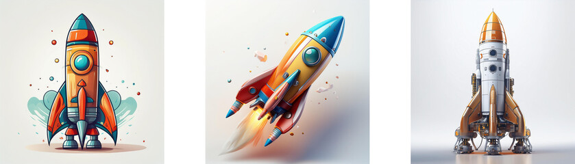 Poster - Three colorful rockets, rendered in a vibrant, cartoonish style, poised for launch.  Each displays unique design elements and dynamic poses.