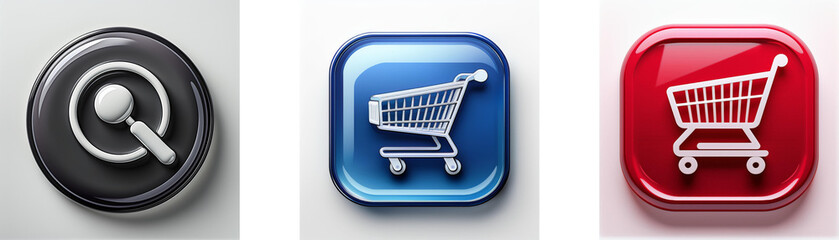 Aufkleber - Three glossy buttons: a magnifying glass, a shopping cart on blue, and a shopping cart on red.  Representing search, online shopping, and e-commerce.