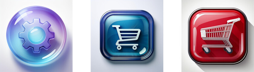 Poster - Three glossy buttons depict settings, shopping cart, and online shopping.  They are vibrant and modern icons for digital interfaces.