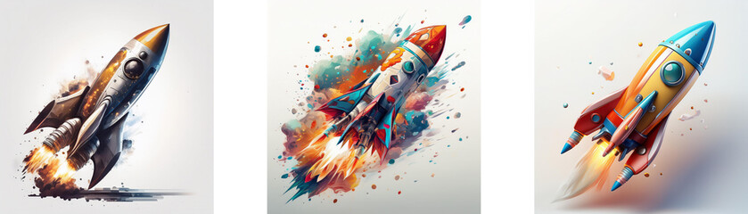 Poster - Three rockets launch into space, each with unique colors and styles, creating a dynamic and energetic image.  The rockets leave fiery trails of color.