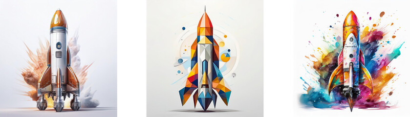 Poster - Three rockets, each depicted differently, represent innovation and rapid growth.  One launches from a fiery explosion, another showcases geometric design, and the third explodes in a vibrant color bur